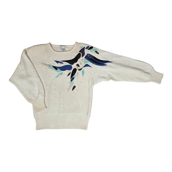 VINTAGE DAVID BENJAMIN 80s Appliqué Sweater | M | Cream Abstract | Beaded Artsy - Picture 2 of 11